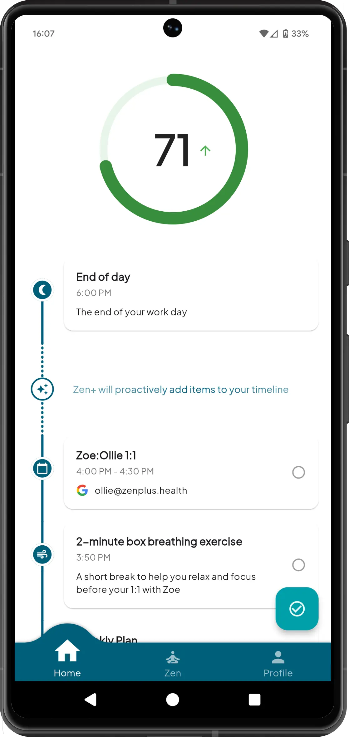 Zen+ Health mindfulness app home screen