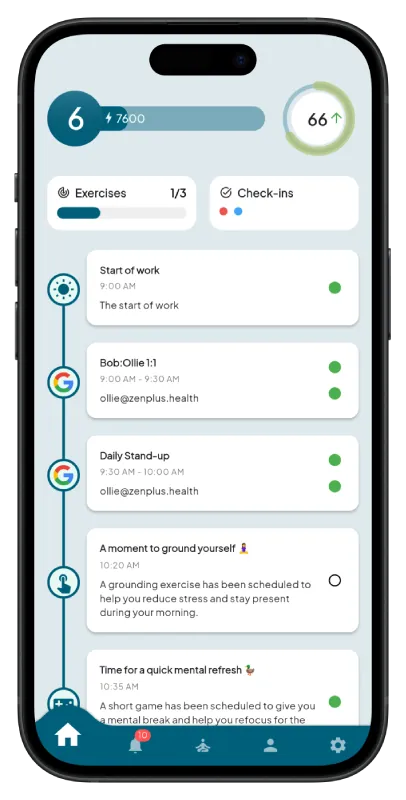 Zen+ Health app home screen showing today's personalised wellbeing actions